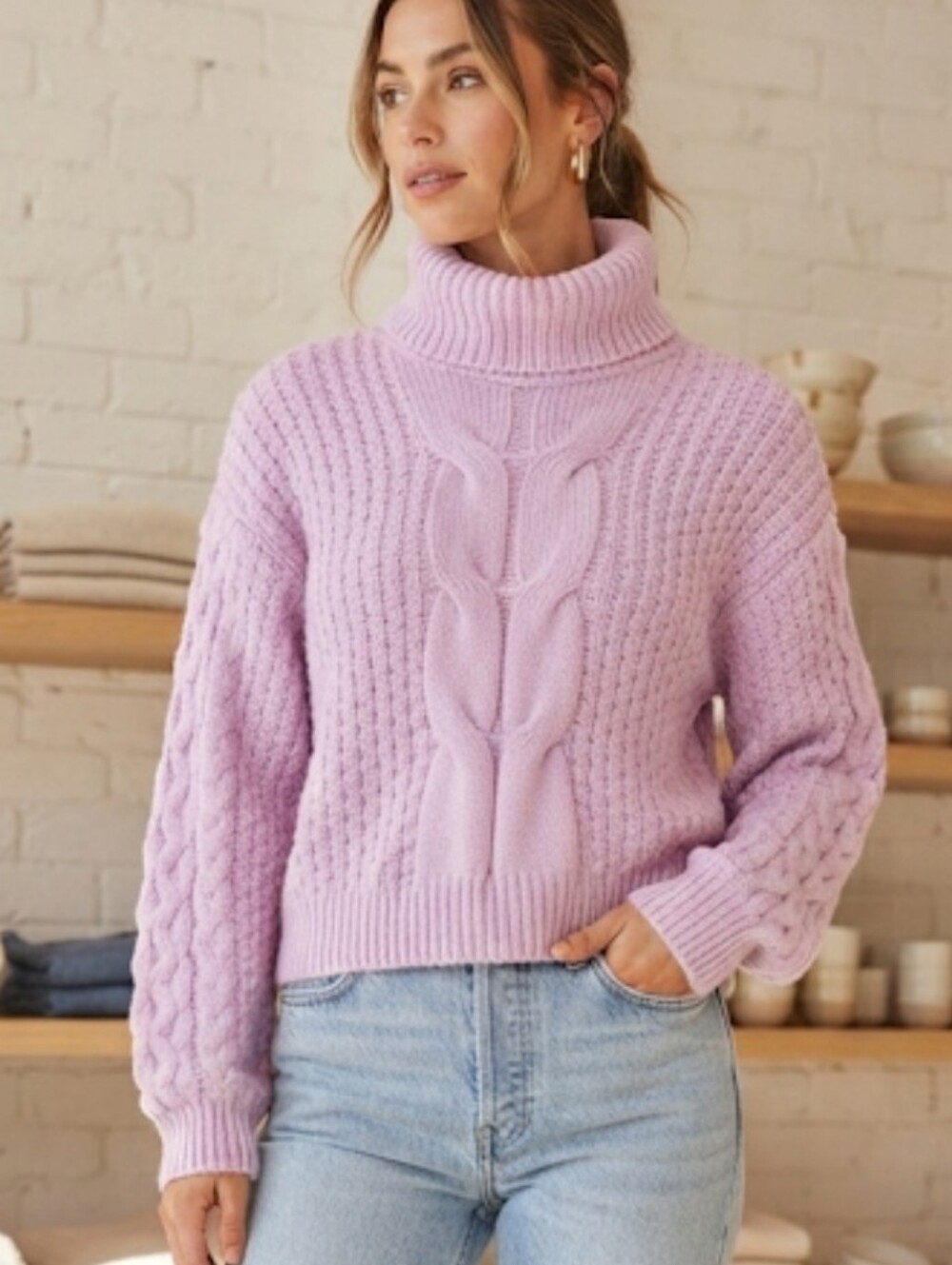 Woven Heart Pink Cable Knit Turtleneck Pirate Sleeve Chunky Sweater Size Med